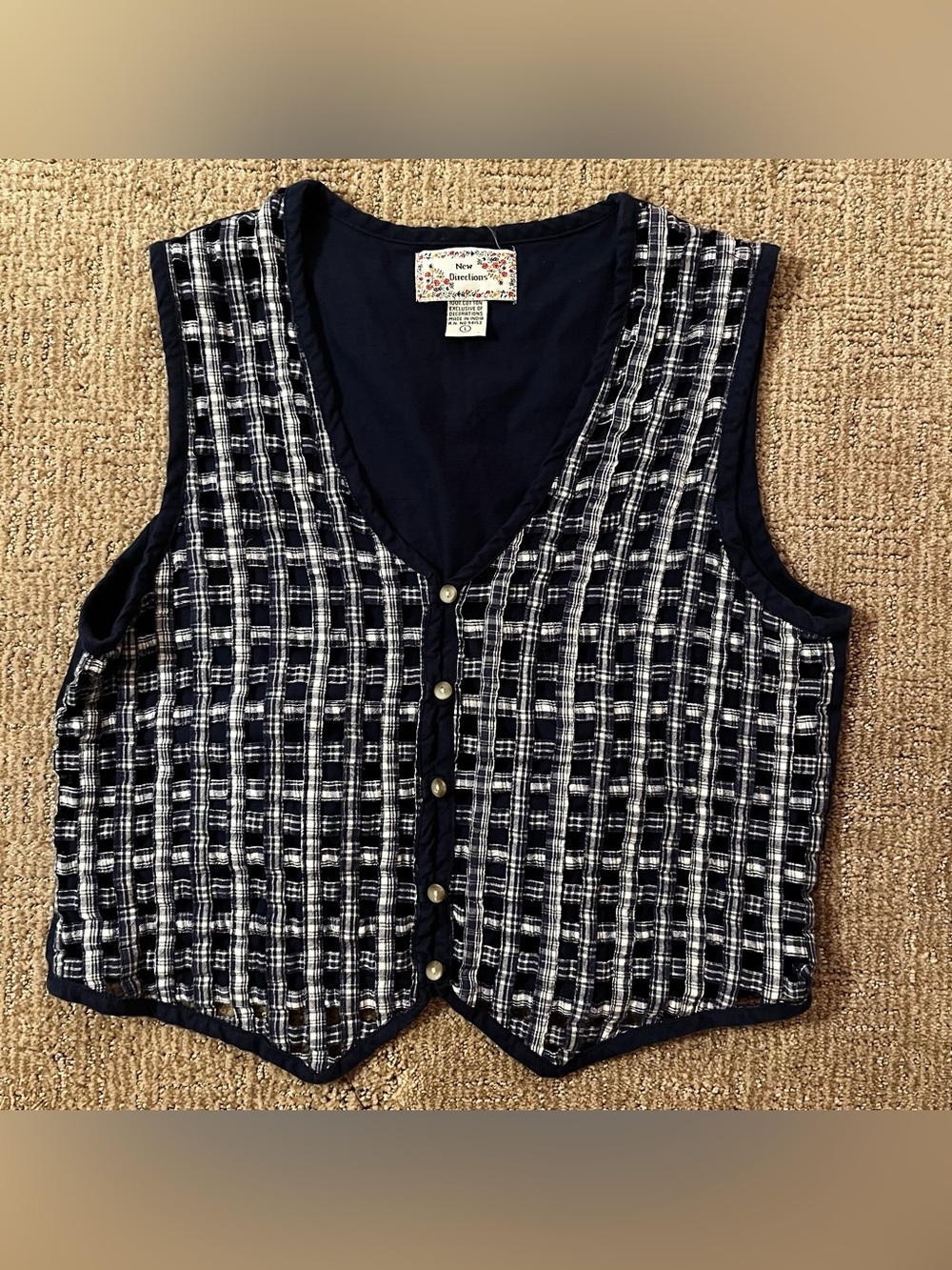 Vintage Cotton New Directions Navy Thatched/ Basket weave vest